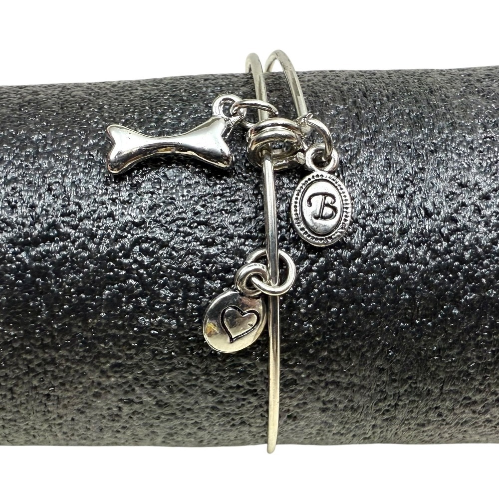 Brighton Silver Tone Bangle Charm Bracelet Initial Dog Bone Animal Lovers Heart